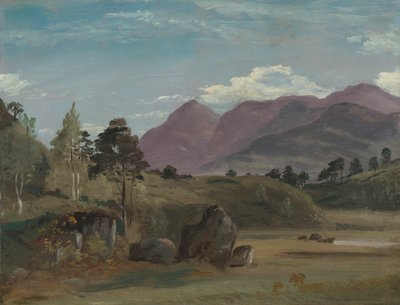 Vuoristomaisema, mahdollisesti järvialueella tekijältä Lionel Constable