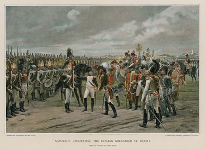 Napoleon koristelemassa venäläistä kranadieria Tilsittissä tekijältä Lionel Royer