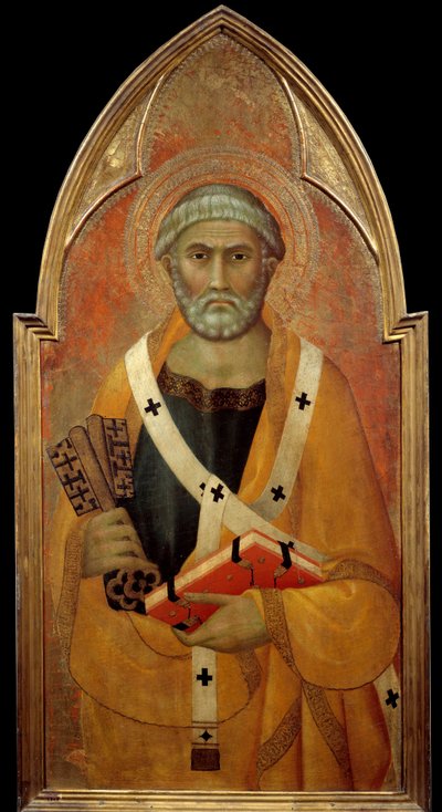 Pyhän Pietarin (San Pietro) Detrempen esitys puulla Lippo Memmin (tunnettu 1317-1347) 1300-luvun su. 0,94x0,44 m - Pyhän Pietarin (San Pietro) esitys. Tempera puulle, Lippo Memmi (tunnettu 1317-1347) tekijältä Lippo Memmi