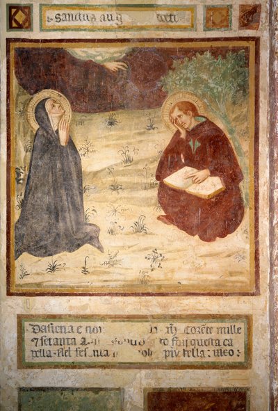 Pyhä Augustinus Hippo (354-430) ja Saint Monique, San Leonardo al Lagon Eremitaaši, Monteriggioni tekijältä Lippo Vanni