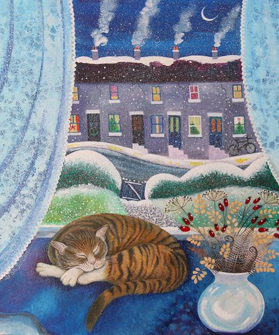 Cozy Cat, 2016, (akryylimusteet paperille) tekijältä Lisa Graa Jensen