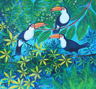 Toucan Threesome, 2024 (akryyli pellavalle) tekijältä Lisa Graa Jensen