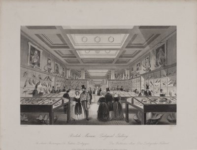 Näkymä eläintieteellisestä galleriasta, British Museum, jossa kävijät katselevat näyttelyitä, n. 1850 (kaiverrus) tekijältä Llewellyn (after) Jewitt