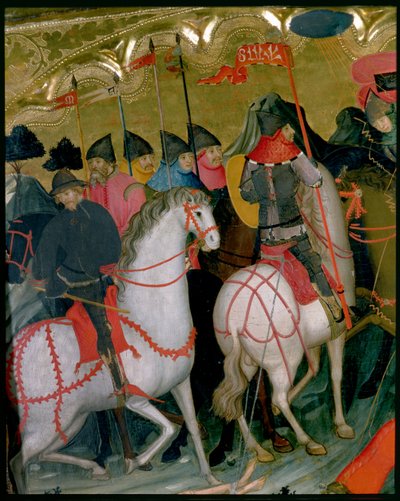 Asennetut sotilaat, yksityiskohta Neitsyt ja Pyhän Yrjön alttaritaulusta, n. 1390-1400 (tempera paneelissa) tekijältä Lluís Borrassà