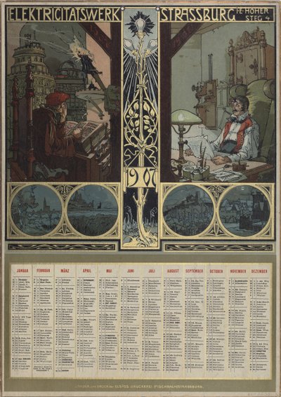 Strasbourgin sähkölaitos. Kalenteri vuodelle 1907, 1906. tekijältä Léo Schnug
