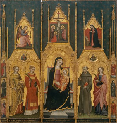 Neitsyt Marian alttaritaulu, jossa on pyhimykset Agatha, Stefanus, Franciscus ja marttyyri pyhimys. tekijältä Lo Spagna