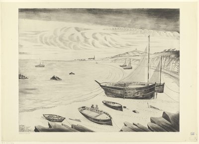 Kahdeksan ankkuroitua laivaa rannalla Les Vaisseaux (alkuperäinen nimi) tekijältä Lodewijk Schelfhout (signed by artist)