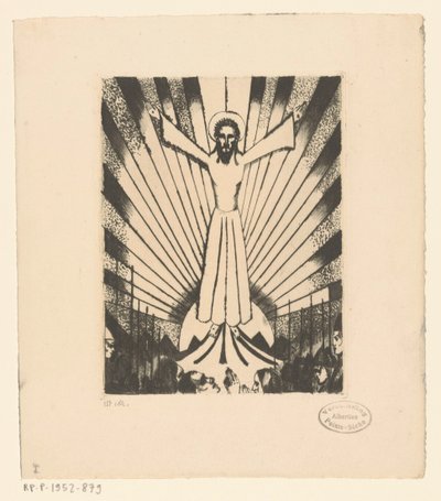 Kristus ojennetuin käsivarsin mäkisessä maisemassa tekijältä Lodewijk Schelfhout (signed by artist)