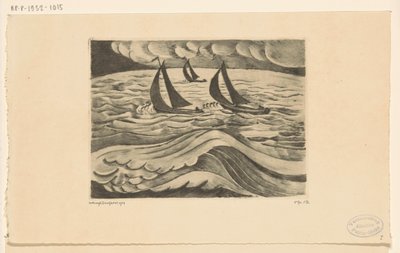 Kolme purjelaivaa merellä myrskyn aikana La Tempête (alkuperäinen nimi) tekijältä Lodewijk Schelfhout (signed by artist)