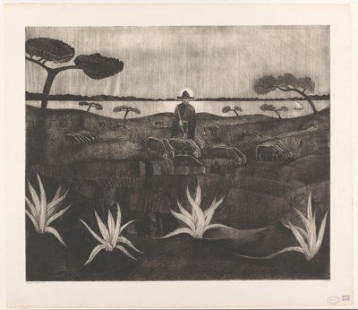 Paimen lammaslauman kanssa mäkisessä maisemassa Le Troupeau (alkuperäinen nimi) tekijältä Lodewijk Schelfhout (signed by artist)
