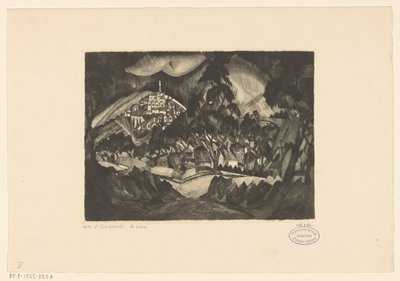 Mäkinen maisema puita ja rakennuksia Le Soir (alkuperäinen nimi esineessä) tekijältä Lodewijk Schelfhout (signed by artist)
