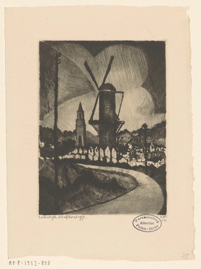 Mäkinen maisema myllyllä Le Moulin (alkuperäinen nimi) tekijältä Lodewijk Schelfhout (signed by artist)