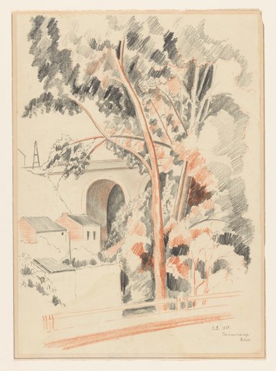 Taloja ja puita maasillan alla Remouchampsissa tekijältä Lodewijk Schelfhout (signed by artist)