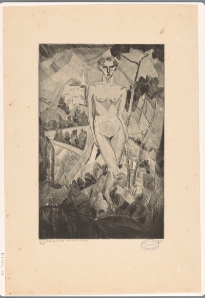 Alaston nainen mäkisessä maisemassa Nue dans un paysage (alkuperäinen nimi esineessä) tekijältä Lodewijk Schelfhout (signed by artist)