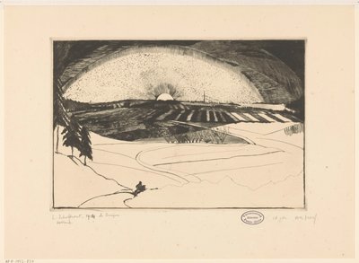 Nouseva tai laskeva aurinko mäkisen maiseman ylle La Bruyere (alkuperäinen nimi esineessä) tekijältä Lodewijk Schelfhout (signed by artist)