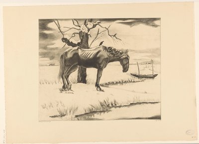 Hevonen lumisessa maisemassa Vieillesse (alkuperäinen nimi) tekijältä Lodewijk Schelfhout (signed by artist)