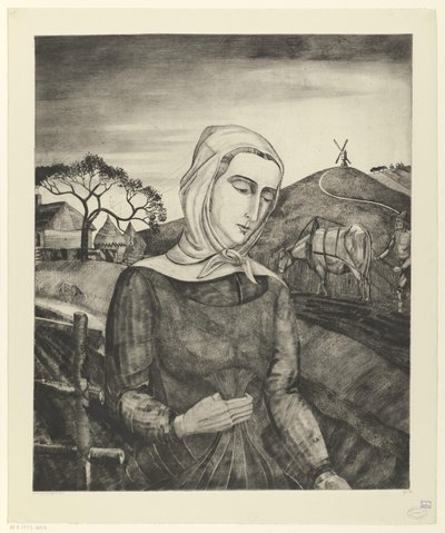 Flanderin maanviljelijä mäkisessä maisemassa Jeune fille Flamande (alkuperäinen nimi) tekijältä Lodewijk Schelfhout (signed by artist)