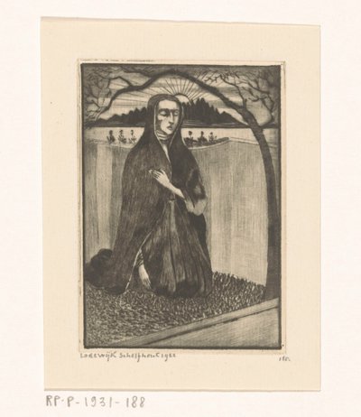 Nainen haudalla Femme au tombeau (alkuperäinen nimi) tekijältä Lodewijk Schelfhout (signed by artist)