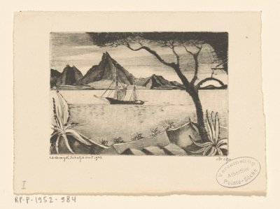 Purjelaiva lahdella Le Bateau (alkuperäinen nimi) tekijältä Lodewijk Schelfhout (signed by artist)