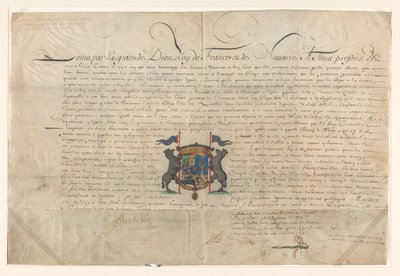 Diplomi, jolla Ludvig XIV korotti Cornelis Lampsinsin Tobagon paroniksi ja Pyhän Michelin ritarikunnan ritariksi tekijältä Lodewijk XIV (koning van Frankrijk) (signed by artist)