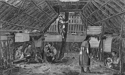 "Talon sisällä Oonalashkassa", c1776-1779. tekijältä Lodge