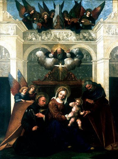 "Pyhä perhe Pyhän Nikolauksen Tolentinon kanssa", 1515-1530 tekijältä Lodovico Mazzolini