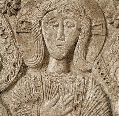 Keskiajan arkeologia (keskiaika). Lombardian barbaaritaide: Kristuksen yksityiskohta, herttua Rachisin alttarin matala kohokuvio. Veistos, Lombard-taide, 737-744. Cividale del Friuli, Chretien-museo, katedraalin aarre tekijältä Lombard School