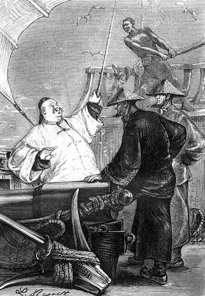 Leon Benettin piirros Jules Vernen kirjasta "Kiinalaisen kärsimykset Kiinassa" - Hetzelin painos/Extraordinary Voyages 1879. tekijältä Léon Benett