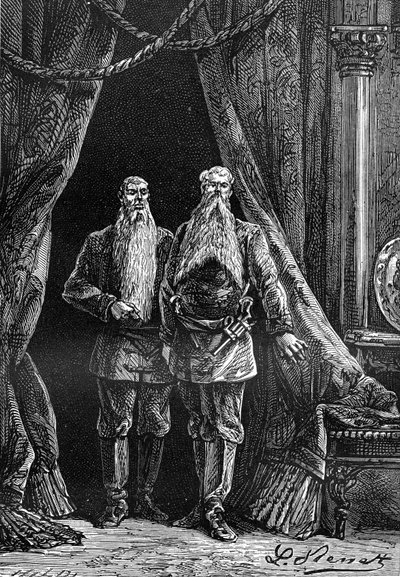 Leon Benettin piirros Jules Vernen kirjasta "Begumin 500 miljoonaa" - painos Hetzel/Extraordinary Voyages 1879. Arminiuksen ja Sigimerin, kahden vaikuttavan parrakkaan, ulkonäkö. tekijältä Léon Benett