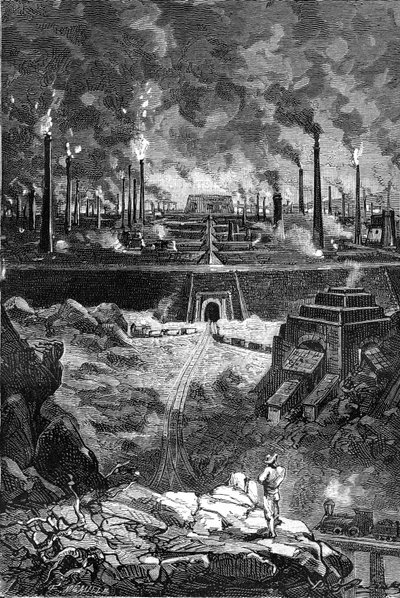 Leon Benettin piirros Jules Vernen kirjasta "Begumin 500 miljoonaa" - painos Hetzel/Extraordinary Voyages 1879. Näkymä "teräskaupunkiin", jättiläismäinen joukko tehtaita (masuunit - teräsvalimot). tekijältä Léon Benett