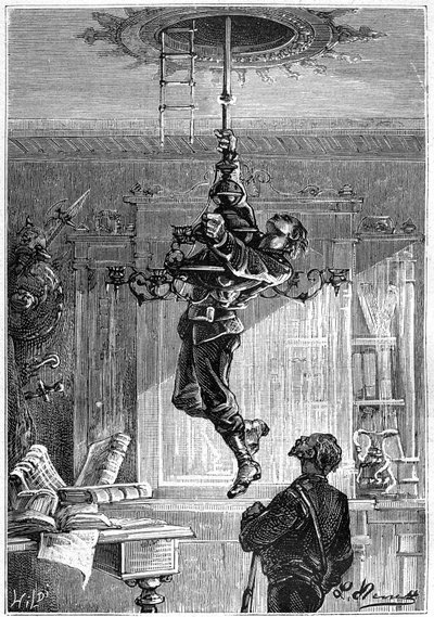 Leon Benettin piirros Jules Vernen kirjasta "Begumin 500 miljoonaa" - painos Hetzel/Extraordinary Voyages 1879. "... Hän ei ollut juuri ripustettu kynttilänjalan doreen, kun hän äärimmäisenä yllätyksenä näki hänen putoavan kätensä alle. Katto tekijältä Léon Benett