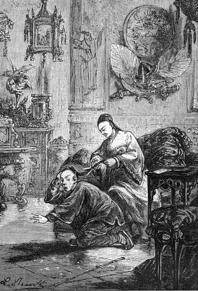 Leon Benettin piirros Jules Vernen kirjasta "Kiinalaisen kärsimykset Kiinassa" - Hetzelin painos/Extraordinary Voyages 1879. tekijältä Léon Benett