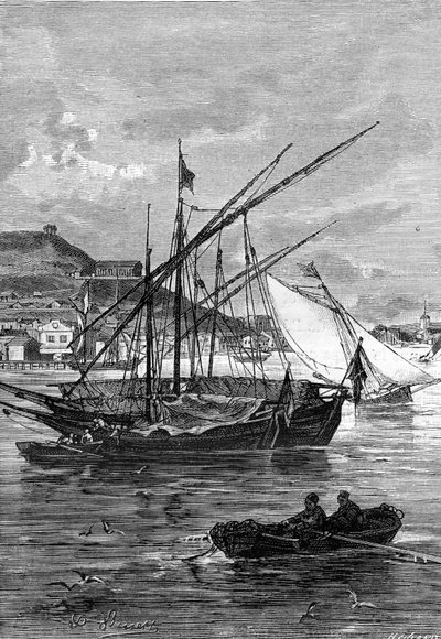 kuvitus Jules Vernen romaanista "Keraban jääräpäinen", Hetzelin kokoelma/extraordinary voyages 1883. Leon Benettin piirros: Kertschin (Krim) satama Iénikale-salmen varrella Mustanmeren ja Asofinmeren välissä. tekijältä Léon Benett