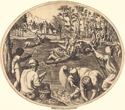 Kalastuskohtaus tekijältä Léon Davent after Francesco Primaticcio