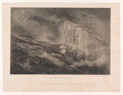 Näkymä Gotthardin solan Paholaisen sillalle Le Pont du Diable, passage du St. Gothard (otsikko esineessä) tekijältä Léon Jean Baptiste Sabatier