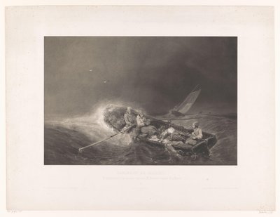 Vissers in een roeiboot op zee Marine gezichten (sarjan nimi) Laivaston maalauksia. Litografoi mezzotintissa L. Sabatier Eug. Isabey (sarjan nimi esineellä) tekijältä Léon Jean Baptiste Sabatier