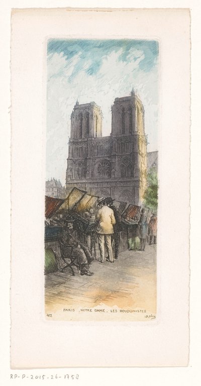 Näkymä Notre-Damelle Pariisissa kirjakauppiaiden kanssa etualalla Paris Notre Dame les bouquinistes (otsikko esineessä) tekijältä Léopold Robin