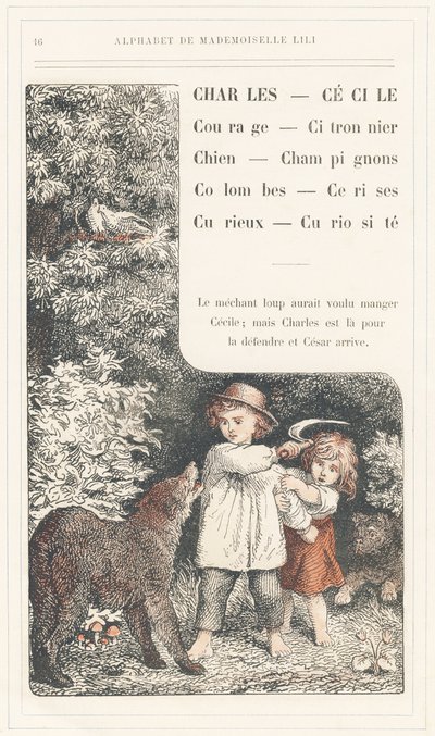Charles, Cecile, Rohkeus, Sitruunapuu, Koira, Sienet, Kyyhkyset, Kirsikat, Utelias, Kuriositeetti, sivu 16 - Aakkoset Mademoiselle Lili, L. Froelich ja isä (Hetzel itse). Bibliotheque  Magasin d