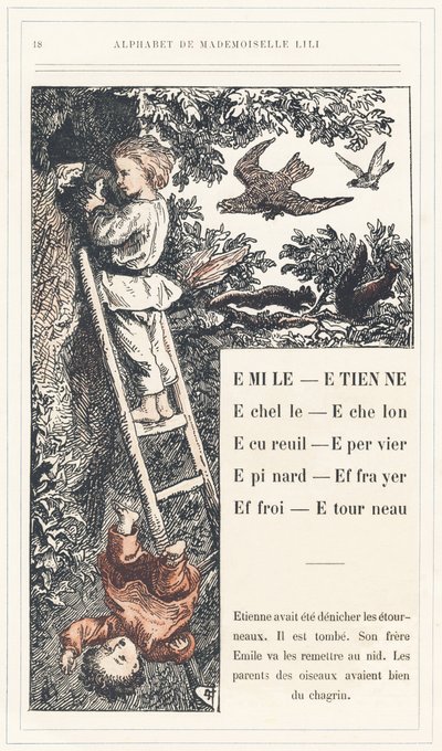 Emile, Etienne, Echelle, Echelon, Orava, Varpunen, Epinard, Scarer, Farry, Stourneau, sivu 18 - Aakkoset, kirjoittanut Mademoiselle Lili, kirjoittanut L. Froelich ja isä (Hetzel itse). Bibliotheque  Magasin d