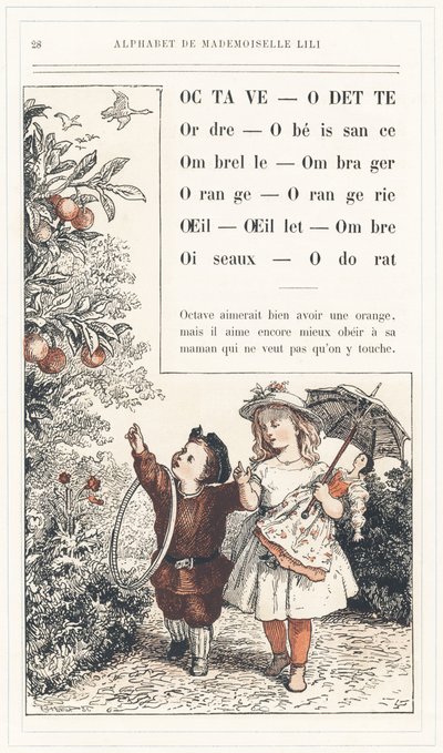 Octave, Odette, Järjestys, Kuuliaisuus, Sateenvarjo, Varjo, Oranssi, Orangerie, Silmä, Neilikka, Varjo, Linnut, Tuoksu, sivu 28 - Mademoiselle Lilin aakkoset, kirjoittanut L. Froelich ja isä (Hetzel itse). Bibliotheque  Magasin d
