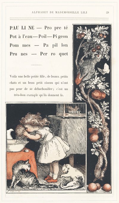 Pauline, Puhdas, Vesipannu, Hiukset, Kyyhkynen, Omenat, Perhonen, Luumut, Papukaija, sivu 29 - Aakkoset neiti Lili, L. Froelich ja isä (Hetzel itse). Bibliotheque  Magasin d