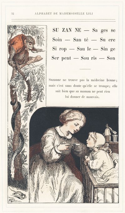 Suzanne, Viisaus, Hoito, Terveys, Sokeri, Siirappi, Paju, Apina, Käärme, Hiiri, Ääni, sivu 32 - Aakkoset, kirjoittanut Mademoiselle Lili, kirjoittanut L. Froelich ja kirjoittanut isä (Hetzel itse). Bibliotheque  Magasin d