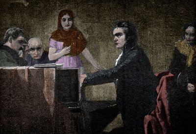 Ludwig van Beethoven soittaa Moonlight-sonaattia - kaiverrus Lorenz Vogelin mukaan - Ludwig van Beethoven (1770-1827), saksalainen muusikko, soittaa sonaattia UT-mollissa (Moonlight - Moonlight) Lorenz Vogelin (1846-1902) maalauksen jälkeen tekijältä Lorenz Vogel
