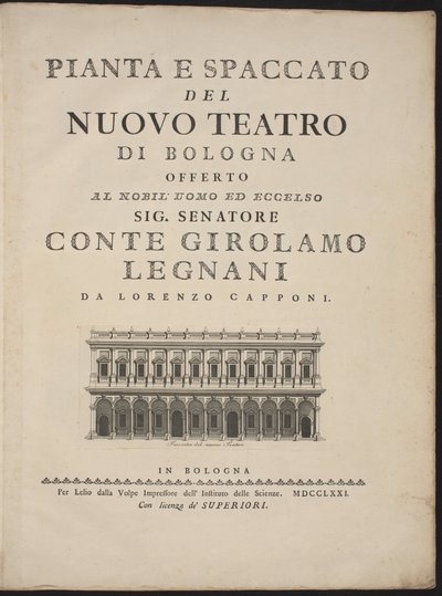 Uuden teatterin suunnitelma ja poikkileikkaus Bolognassa tekijältä Lorenzo Capponi, after Antonio Galli Bibiena