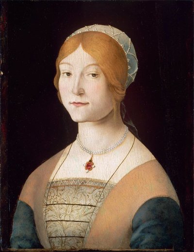 Italian: Portrait of a Woman with a Pearl Necklace Portrait of a Woman with a Pearl Necklace (Naisen muotokuva ja helmikaulakoru) tekijältä Lorenzo Costa