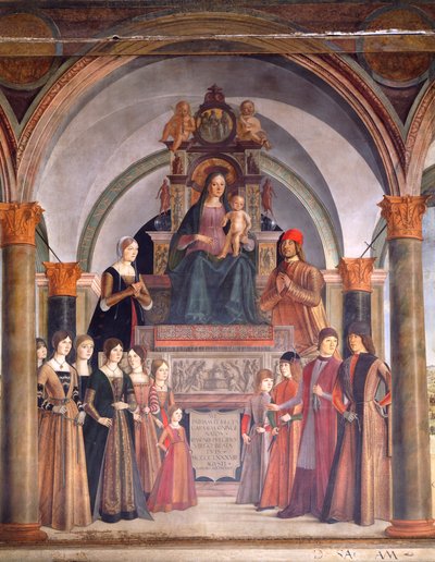 Madonna ja lapsi enkelien kanssa, kirjoittanut Lorenzo Costa (n. 1537-1583), Bentivoglio-kappeli San Giacomo Maggioren kirkossa, Bologna, Italia tekijältä Lorenzo Costa