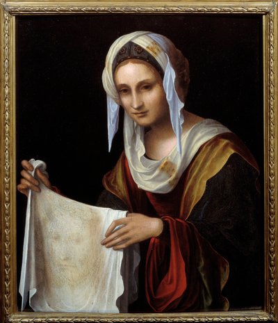 Pyhä Veronica. Pyhä verho edustaa Kristuksen kasvoja, jonka hien Veroniquen sanottiin hikoilevan Golgatalle kiipeämisen aikana. Lorenzo Costan (1460-1535) maalaus Sun. 0,64x0,54 m tekijältä Lorenzo Costa