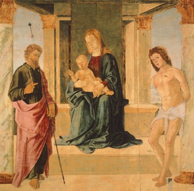Neitsyt ja lapsi istui valtaistuimella, St James ja St Sebastian (maalaus) tekijältä Lorenzo Costa