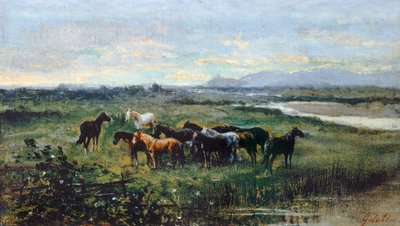 Wild Horses, noin 1870, kirjoittanut Lorenzo Gelati (1824-1893), öljy kankaalle siirretty paneelille, 21x37 cm tekijältä Lorenzo Gelati