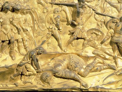 Daavid ja Goljat, yksityiskohta alkuperäisestä paneelista kastekappelin East Doorsista, 1425-52 (kullattua pronssia) (kunnostuksen jälkeinen) tekijältä Lorenzo Ghiberti